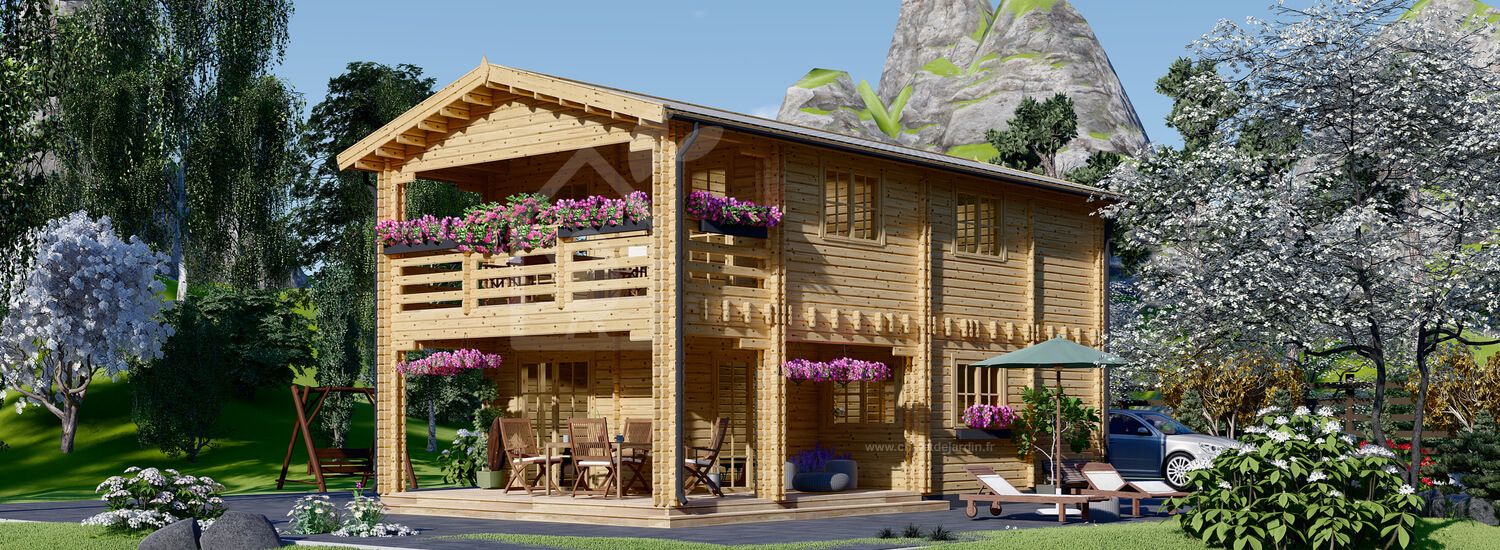 Chalet en bois habitable avec terrasse TOULOUSE (Isolé RE2020, 44+44 mm), 100 m² + 20 m² visualization 1