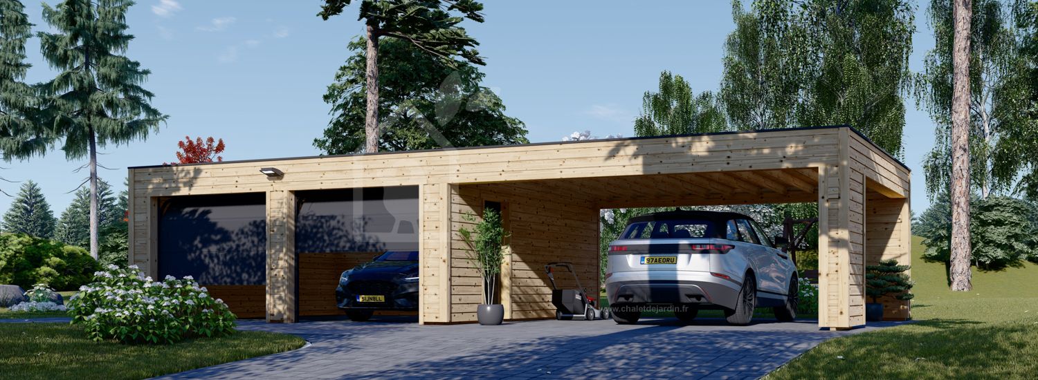 Garage en bois double SILVIA F (34 mm + bardage), 6x6 m, avec carport 6x6 m visualization 1