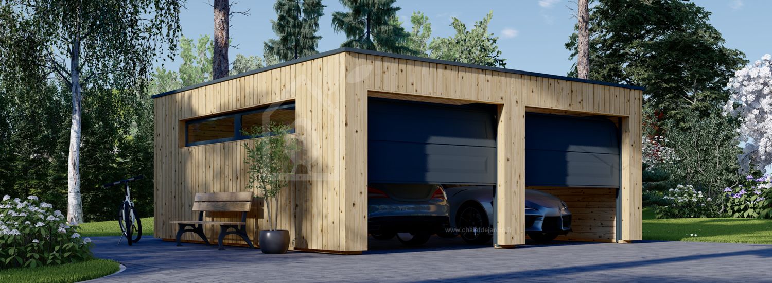 Garage en bois double à toit plat SILVIA DUO F (34 mm + bardage), 6x6 m, 36 m² visualization 1