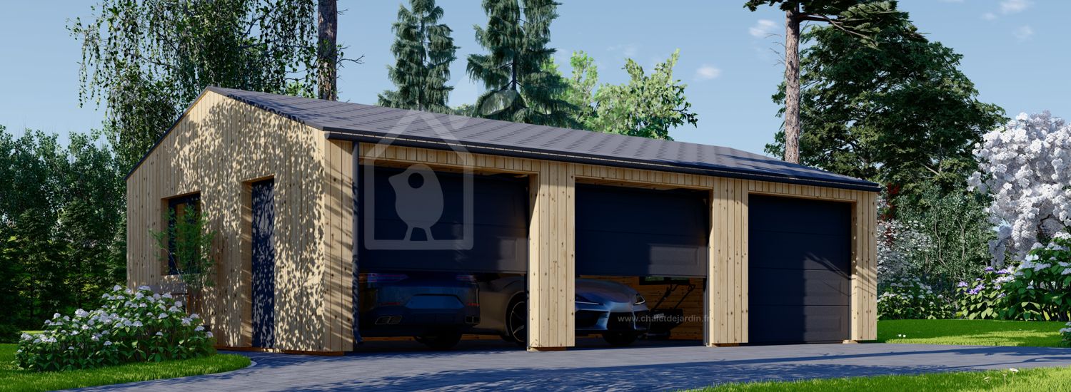 Garage en bois pour 3 voitures SILVIA TRIO (34 mm + bardage), 9x6 m, 54 m² visualization 1