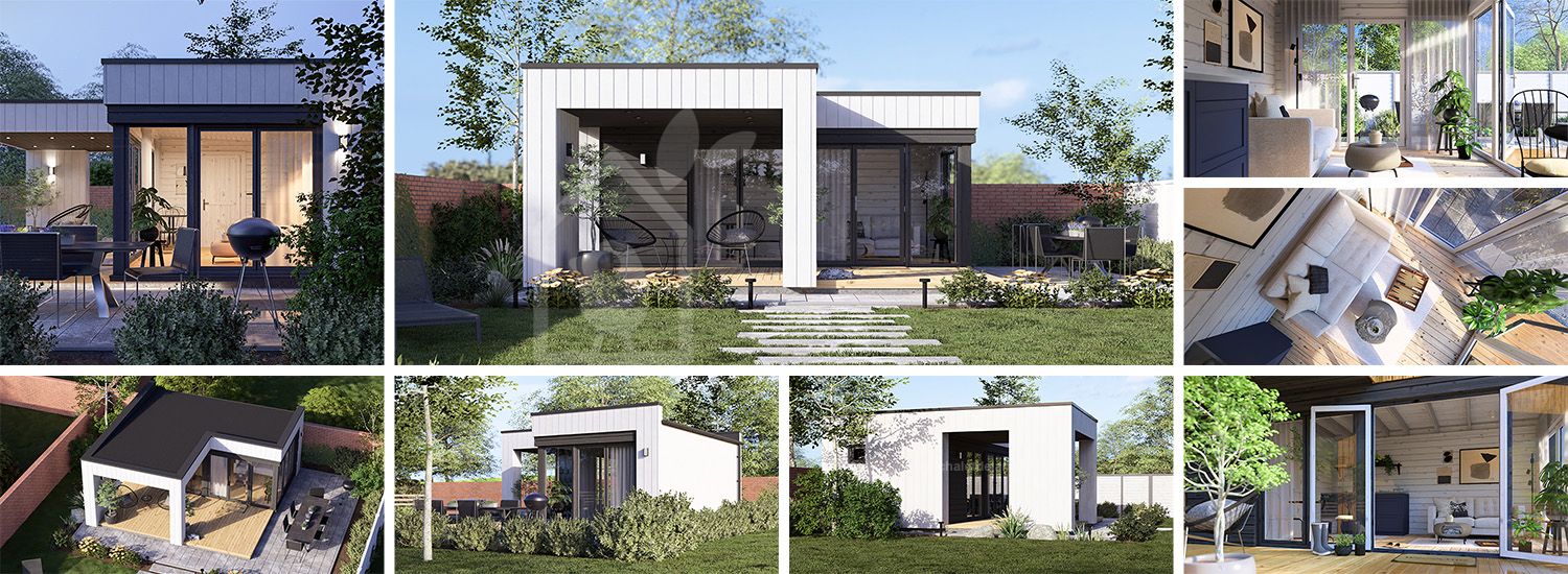 Abri de jardin en bois INES PLUS avec terrasse en L (Isolé RE2020, 34 mm + bardage), 6x6 m, 36 m² visualization 1