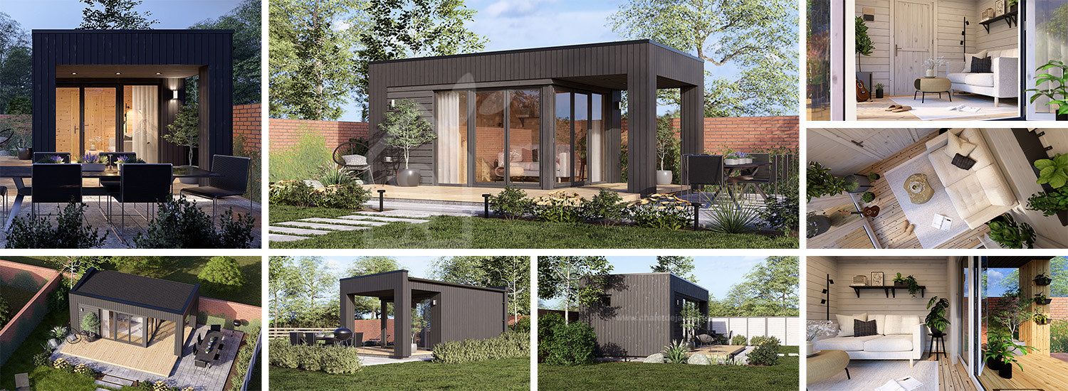 Abri de jardin en bois INES PLUS avec terrasse (Isolé, 34 mm + bardage), 6x3 m, 18 m² visualization 1
