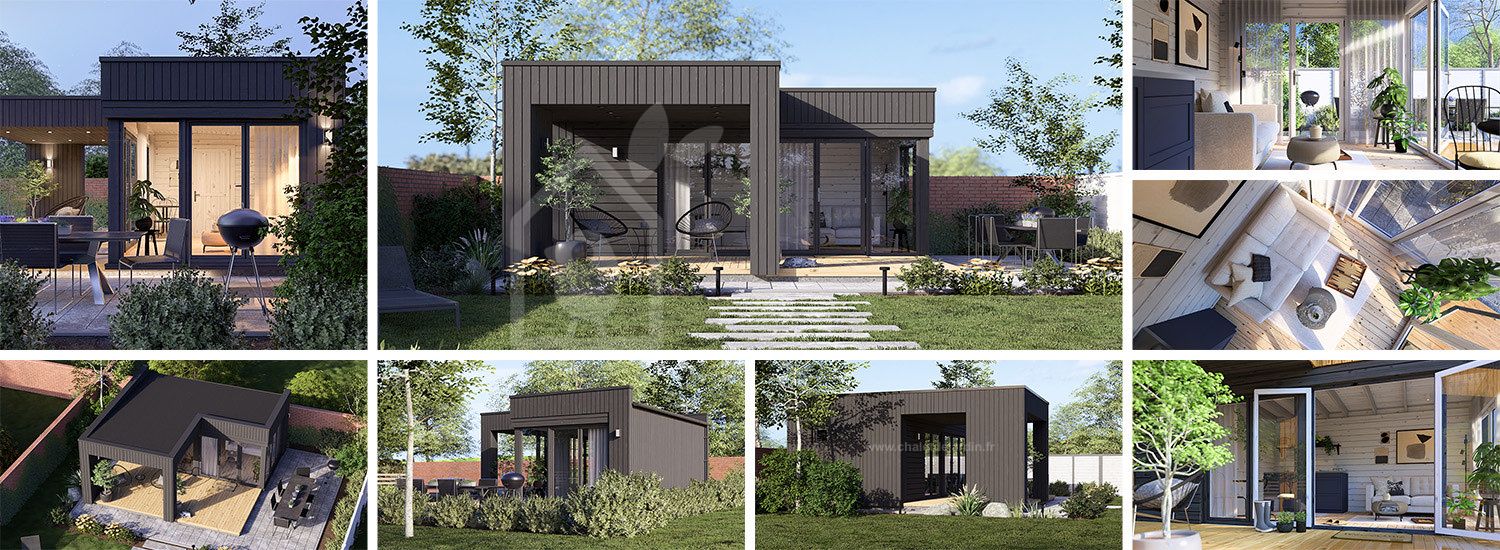 Abri de jardin en bois INES PLUS avec terrasse en L (Isolé RE2020, 34 mm + bardage), 6x6 m, 36 m² visualization 1
