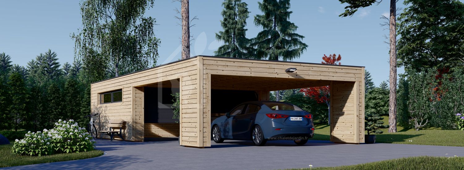 Garage en bois double SILVIA F (34 mm + bardage), 6x6 m, avec carport (aligné) 6x6 m visualization 1