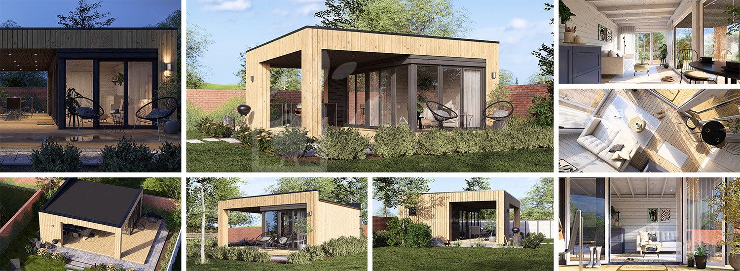 Abri de jardin en bois INES PLUS avec terrasse frontale (Isolé, 34 mm + bardage), 6x6 m, 36 m² visualization 1