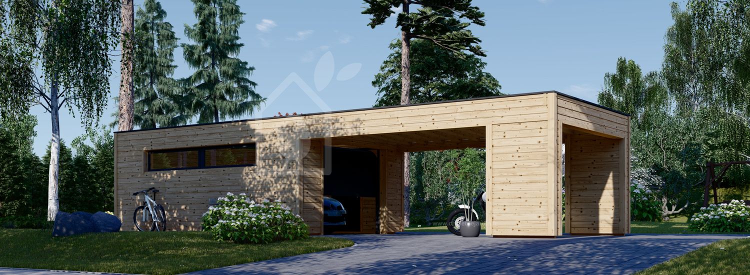 Garage en bois SILVIA F (34 mm + bardage), 4x6 m, avec carport (aligné) 4x6 m visualization 1