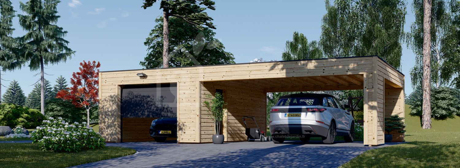 Garage en bois SILVIA F (34 mm + bardage), 4x6 m, avec carport 6x6 m visualization 1