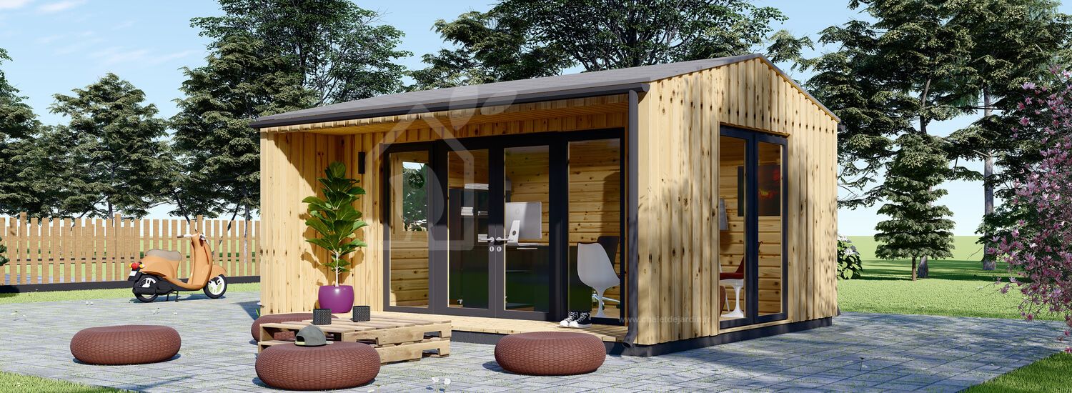 Bureau de jardin TINA (44 mm + bardage, RT2012), 5x4 m, 15 m² + 4.5 m² auvent visualization 1