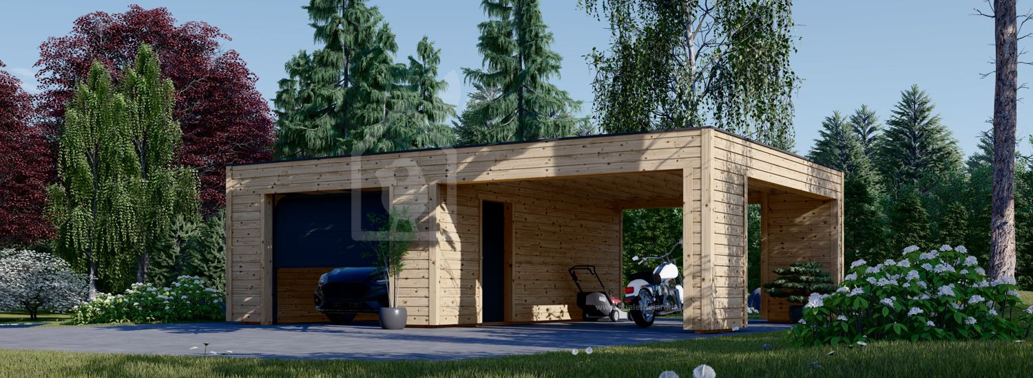 Garage en bois SILVIA F (34 mm + bardage), 4x6 m, avec carport 4x6 m visualization 1