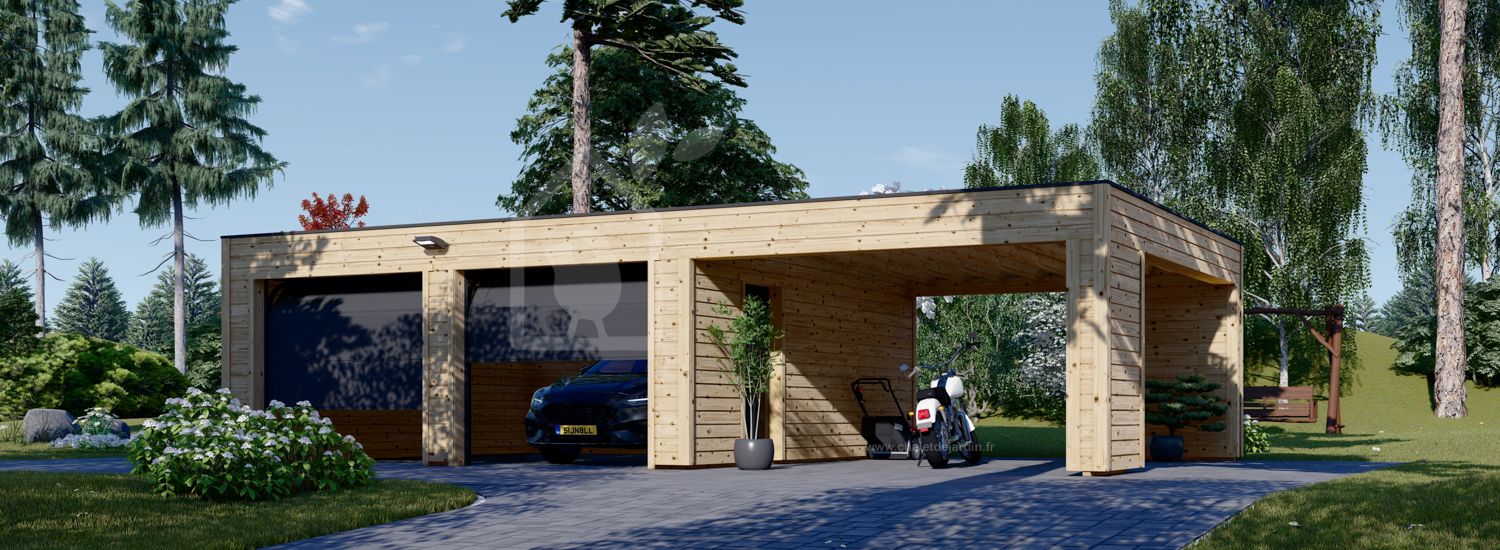 Garage en bois double SILVIA F (34 mm + bardage), 6x6 m, avec carport 4x6 m visualization 1