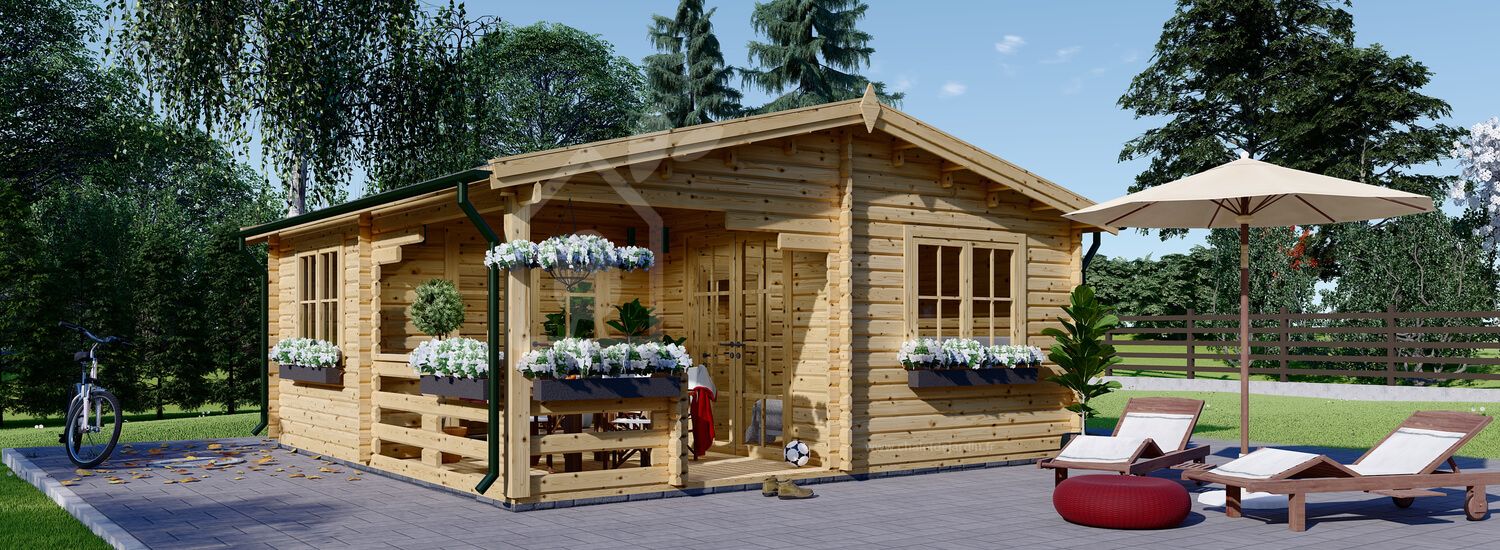 Abri de jardin en bois avec terrasse OLIVIA (66 mm), 6x6 m, 27 m² + 8 m² terrasse visualization 1