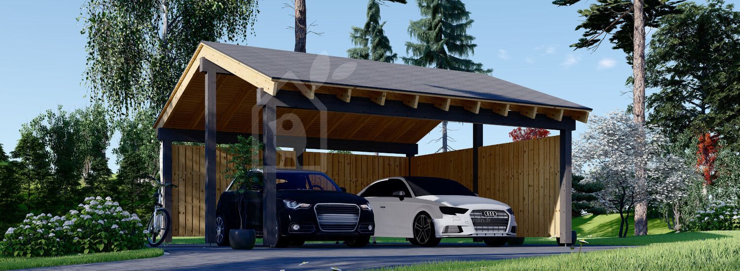 Carport en bois double LUNA DUO, 6x6 m, avec mur en forme de L visualization 1