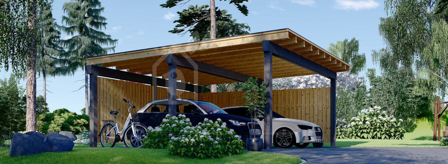 Carport en bois double LUNA DUO F, 6x6 m, avec mur en forme de L visualization 1