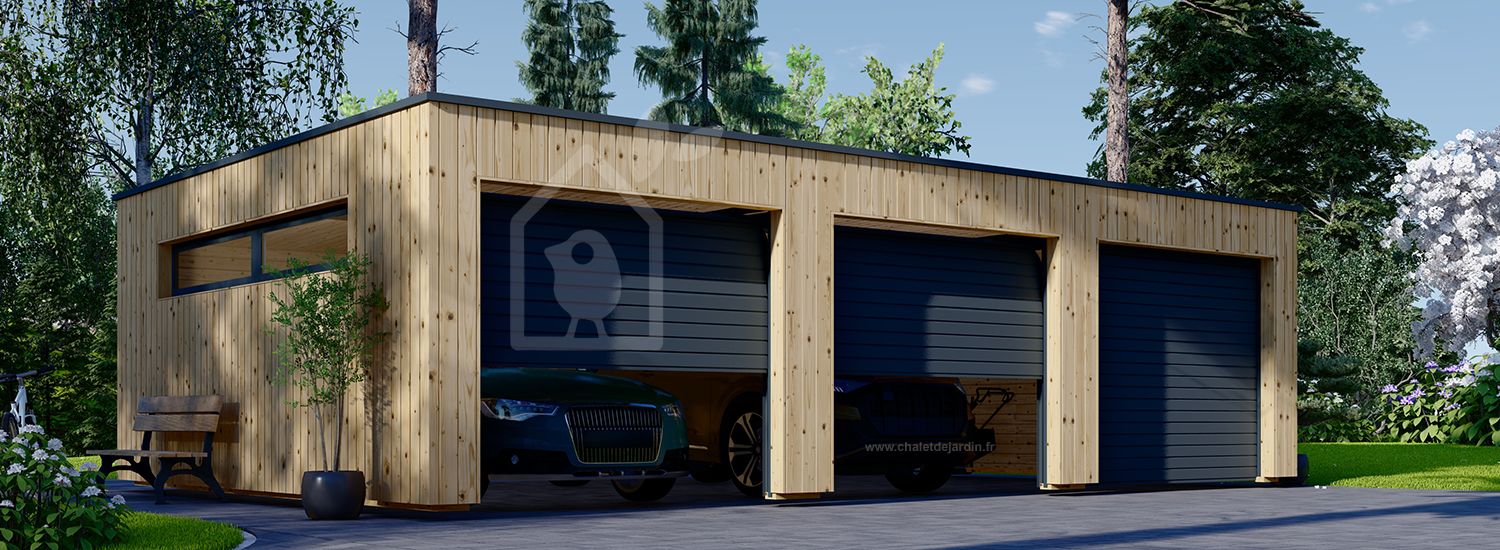 Garage en bois pour 3 voitures à toit plat SILVIA TRIO F (34 mm + bardage), 9x6 m, 54 m² visualization 1