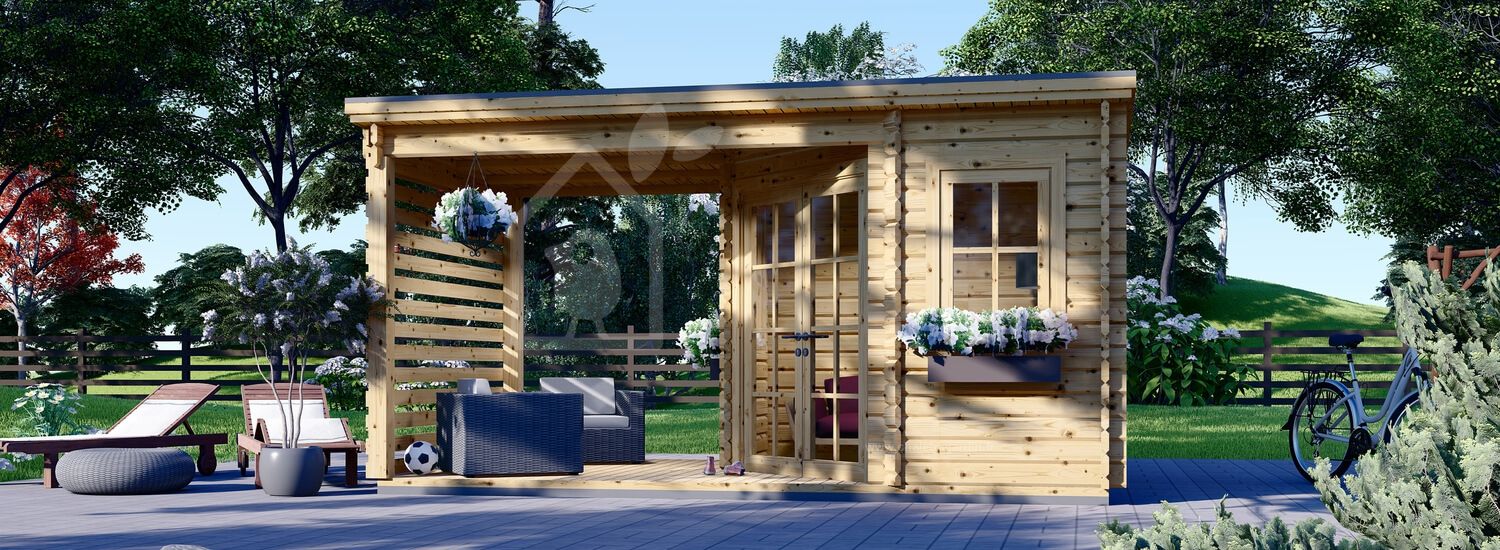 Abri de jardin en bois avec pergola AIDA PLUS (28 mm), 5x3 m, 9 m² + 6.5 m²