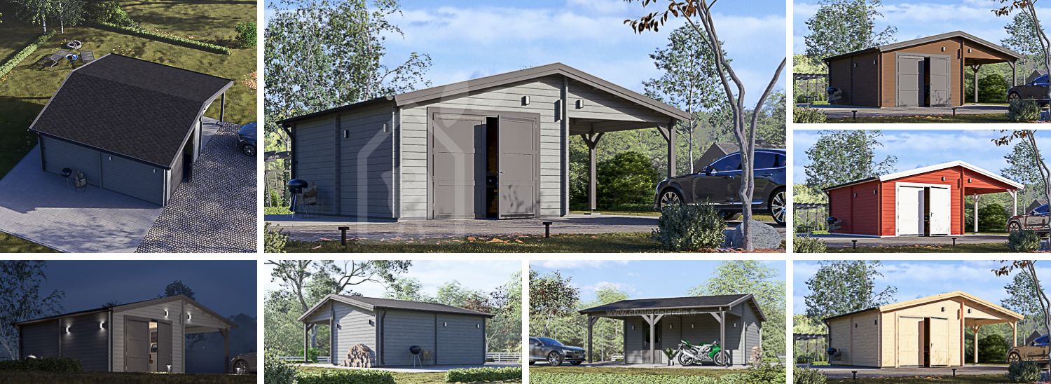 Garage en bois MULTI (44 mm) 4x6 m avec carport 3x6 m visualization 1