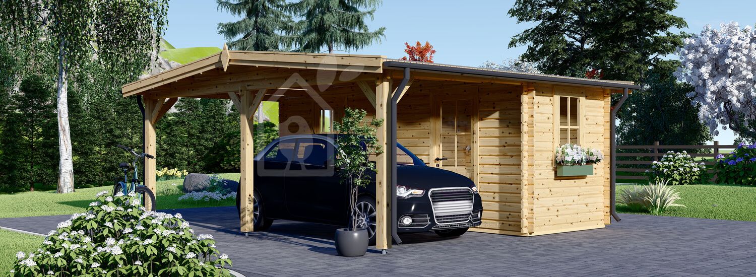 Carport en bois 3x6 m avec abri (44 mm), 2x6 m visualization 1