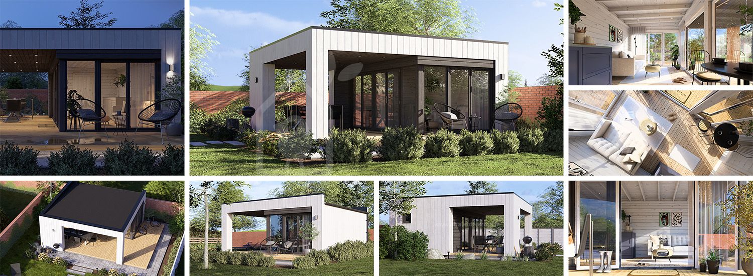 Abri de jardin en bois INES PLUS avec terrasse frontale (34 mm + bardage), 6x6 m, 36 m² visualization 1