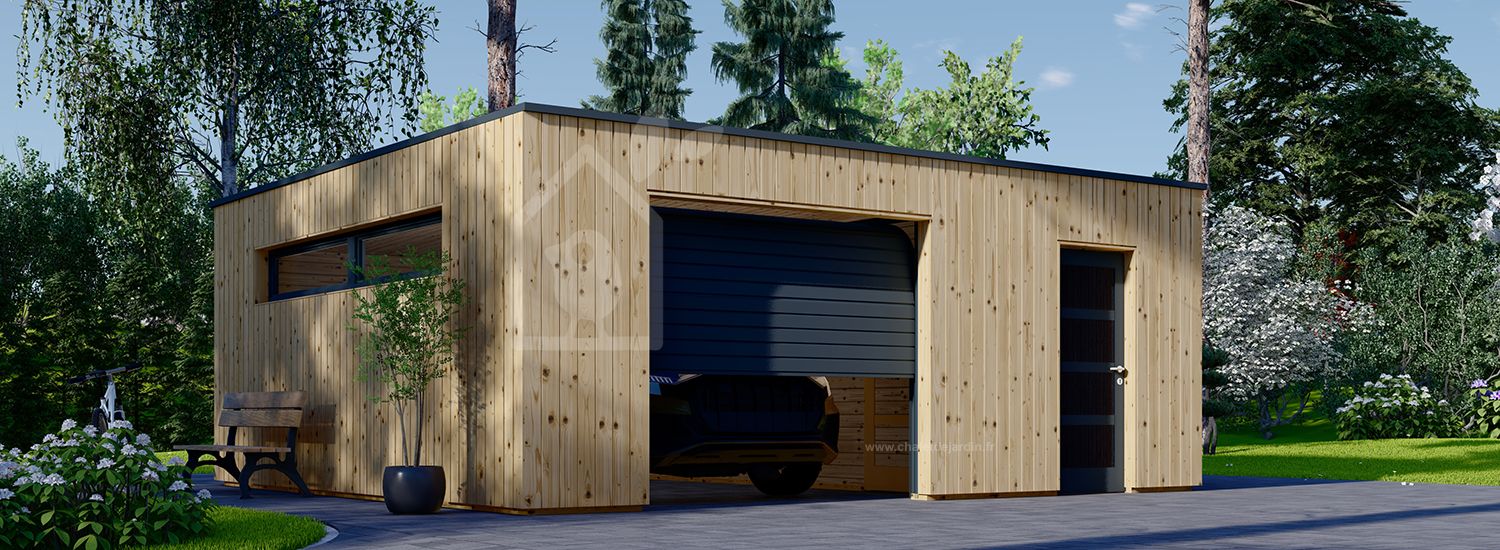 Garage en bois avec abri SILVIA F PLUS (34 mm + bardage), 6x6 m, 36 m² visualization 1