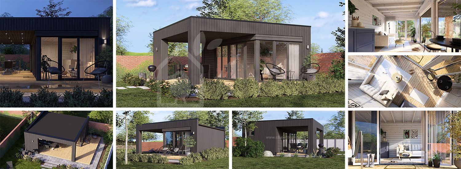 Abri de jardin en bois INES PLUS avec terrasse frontale (Isolé, 34 mm + bardage), 6x6 m, 36 m² visualization 1