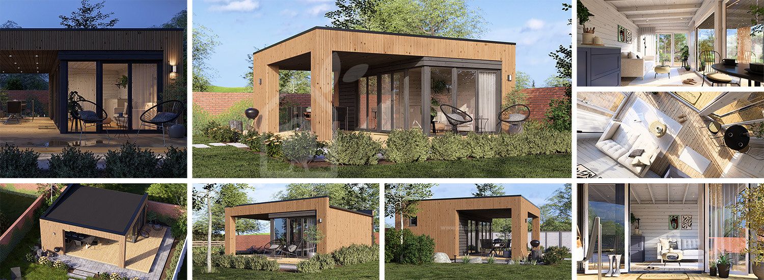 Abri de jardin en bois INES PLUS avec terrasse frontale (Isolé, 34 mm + bardage), 6x6 m, 36 m² visualization 1