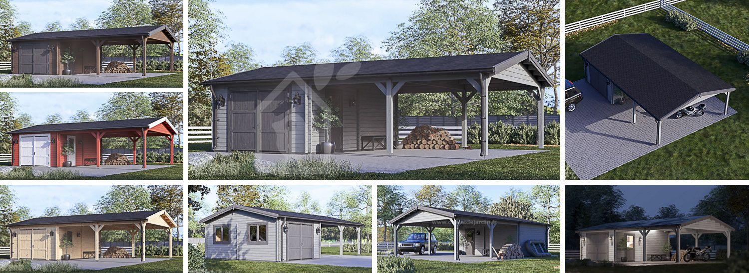 Garage en bois MULTI (44 mm) 4x6 m avec carport double 5.5x6 m visualization 1