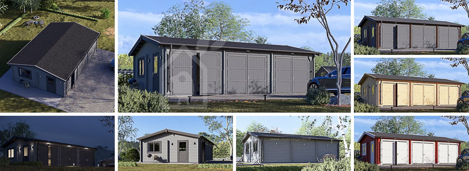 Garage en bois triple TRIO (44 mm), 9x6 m, 54 m² visualization 1