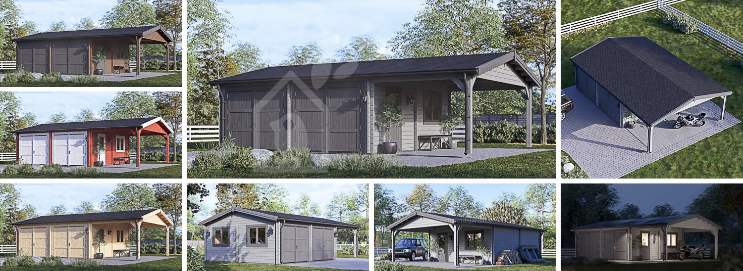 Garage en bois double MULTI (44 mm) 6x6 m avec carport 3x6 m visualization 1