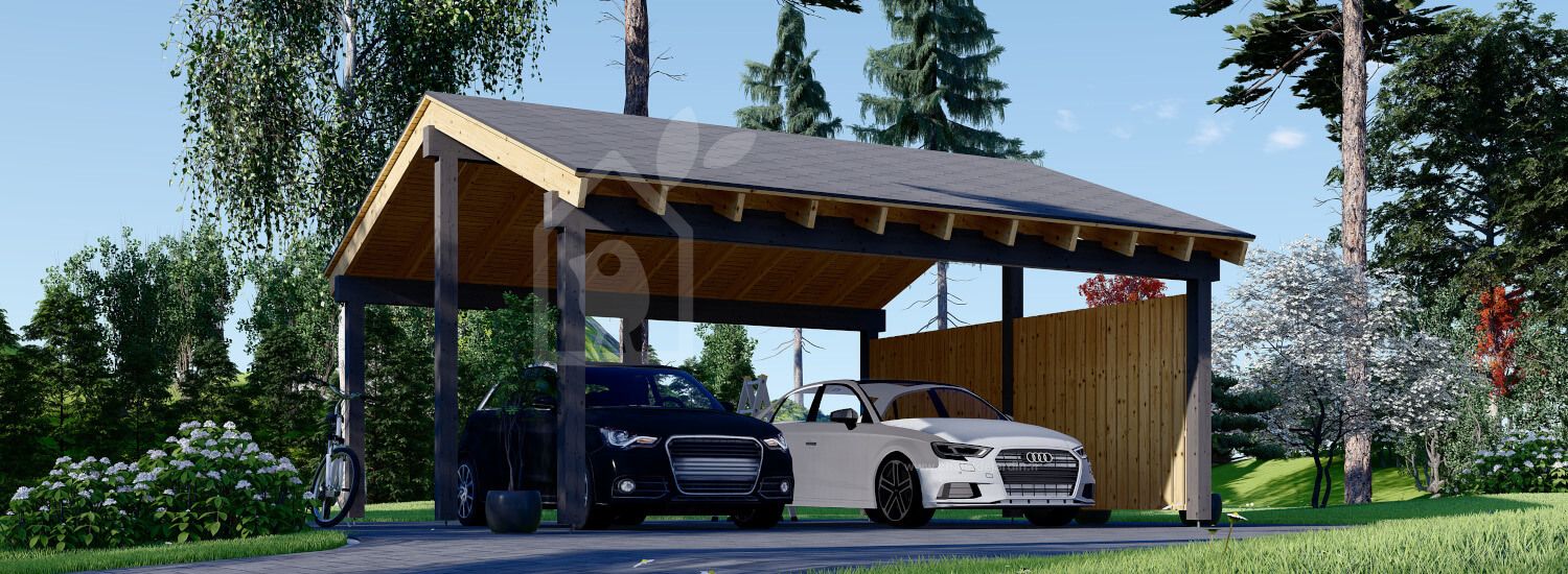 Carport en bois double LUNA DUO, 6x6 m, avec mur latéral visualization 1