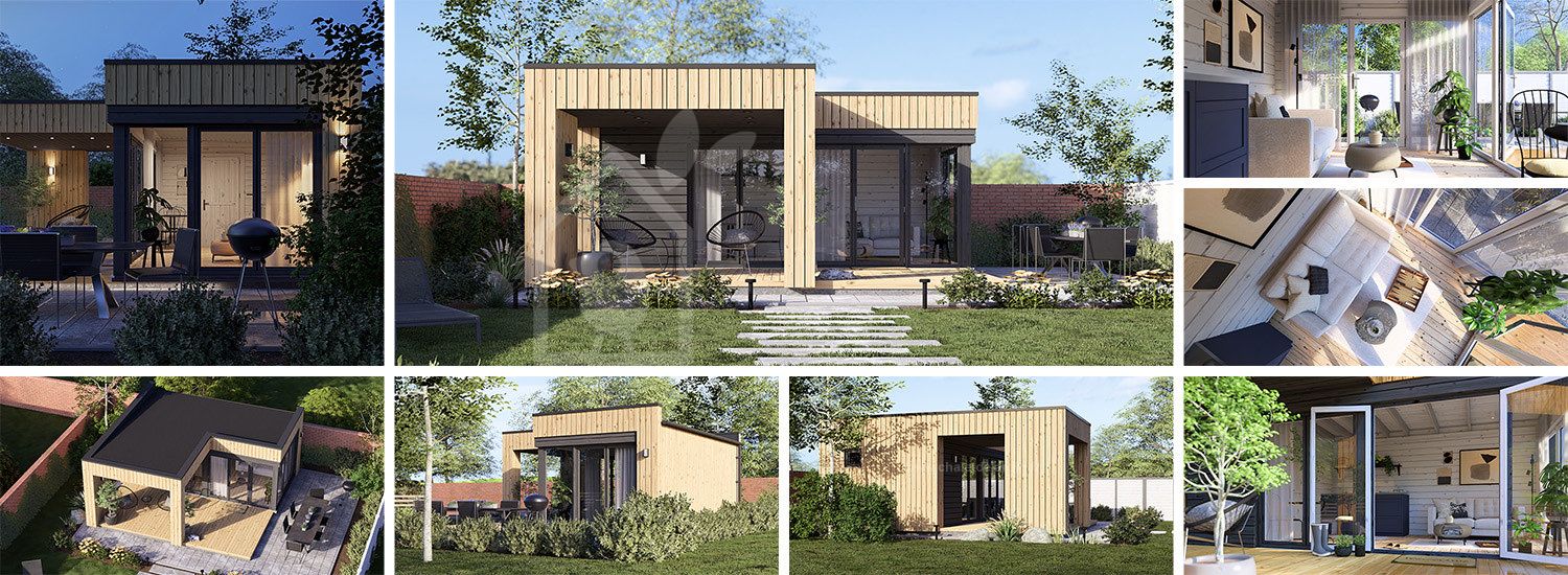 Abri de jardin en bois INES PLUS avec terrasse en L (Isolé RE2020, 34 mm + bardage), 6x6 m, 36 m² visualization 1