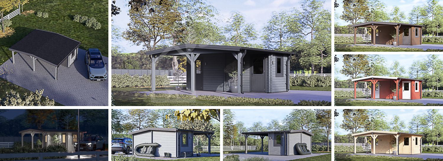 Carport en bois 3x6 m avec abri (44 mm), 2x6 m visualization 1