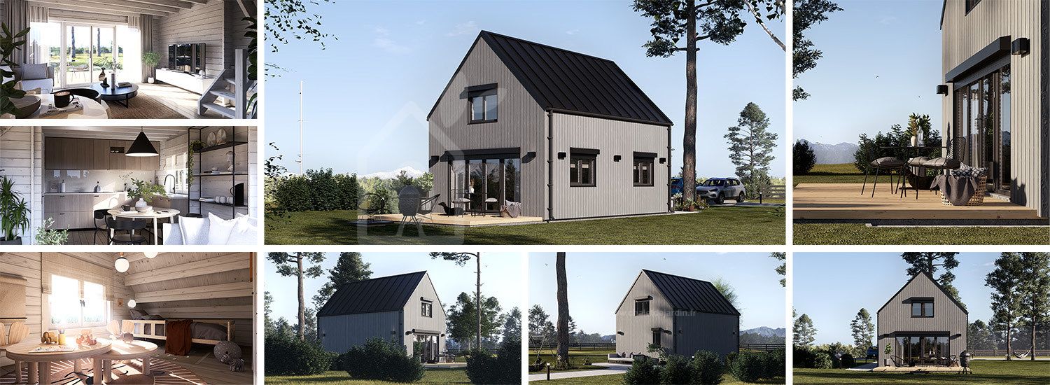 Chalet en bois habitable ALINA RV (Isolé RE2020, 44 mm + bardage), 46 m² visualization 1